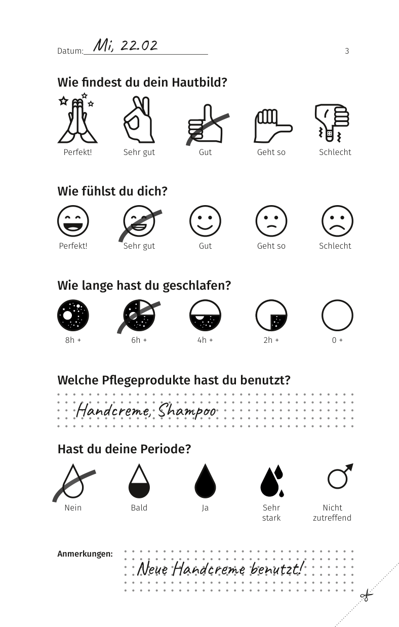Ausgefüllte Beispieldokumentation im Hauttagebuch