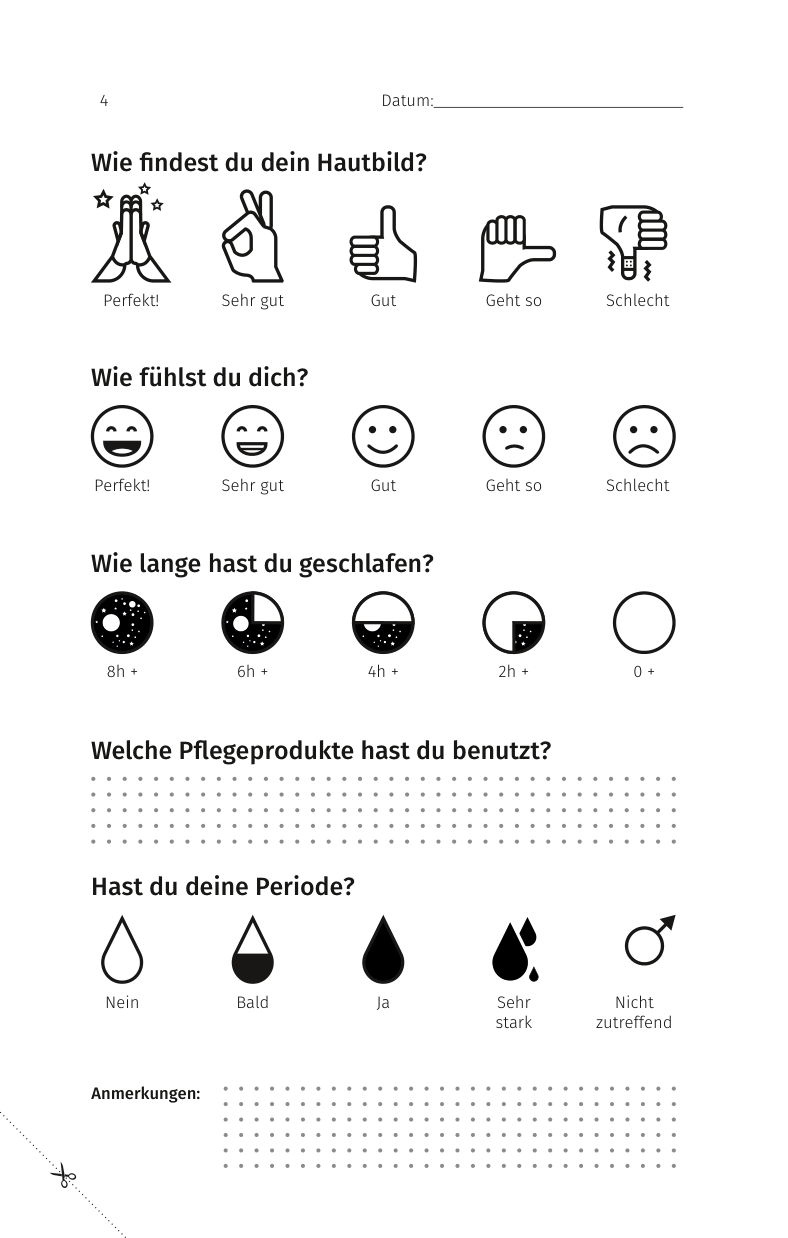 Blanko-Eintragungsseite zum Ankreuzen und Eintragen
